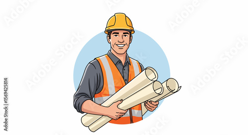 Smiling Construction Worker with Rolled-Up Plans, Posing in a Light-Blue Oval Frame