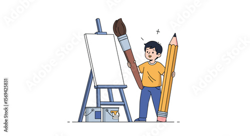 Artist man with giant brush and pencil near easel and stool creative design