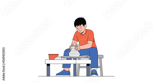 A man sitting at a table working with clay on a pottery wheel