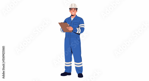 Smiling Male Construction Worker in Blue Uniform Holding Clipboard