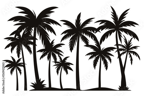 Dark silhouette palm trees in island tropical paradise bring forth exotic summer dreams