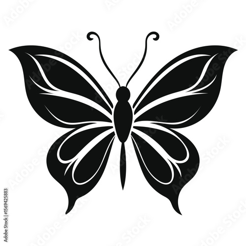 Stylized butterfly with symmetrical patterned wings, delicate antennae against a transparent background