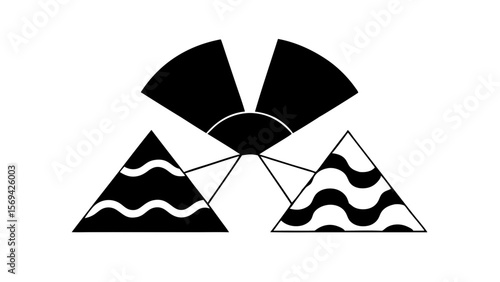 Abstract geometric design with radiating lines and wavy triangles on white background