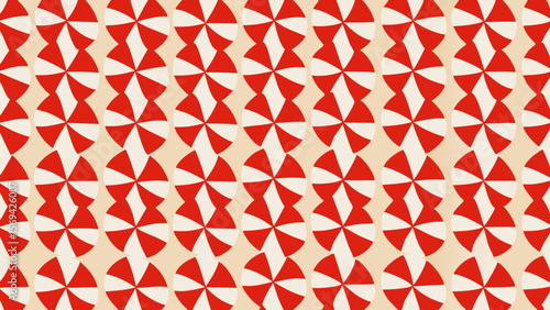 Seamless pattern of red and white pinwheel shapes on a beige background