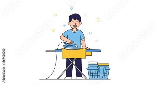 Happy man doing laundry ironing clothes on a board with a basket of folded laundry