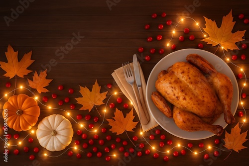 Festive Thanksgiving Table Setting with Roasted Chicken and Autumn Decor 8K Resolution