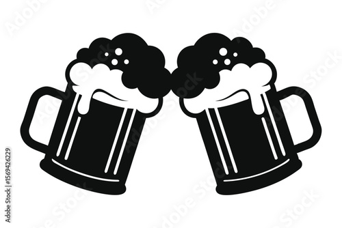 Two frothy beer mugs in a celebratory toast are displayed on a transparent background
