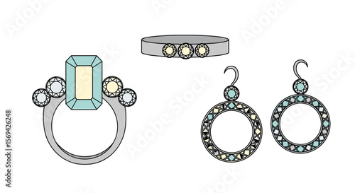 Elegant emerald cut gemstone ring with matching hoop earrings and band jewelry set