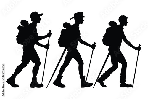 Three silhouetted hikers traverse forward equipped with backpacks and trekking poles on a transparent background