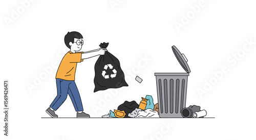 Young person disposing trash bag into metal bin with recycling symbol illustration