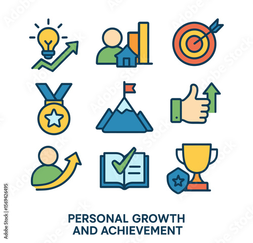 Flat vector icons of personal growth and achievement: goal setting, career progress, self-development, success badge, education checkmark, motivation boost, skill improvement, trophy reward