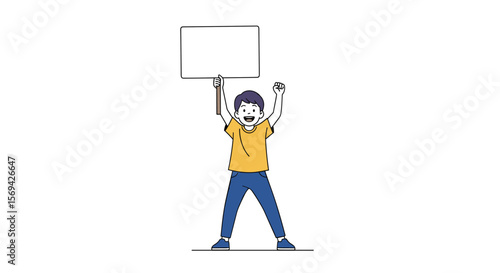 Excited person holding up a blank sign with arms raised in celebration