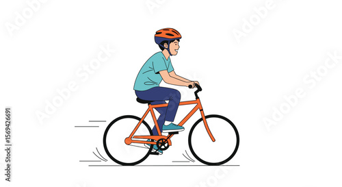 Young boy wearing helmet riding a bicycle on a road during daytime enjoying the ride