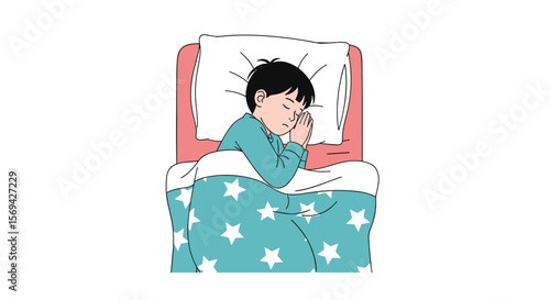 Boy sleeping peacefully under a star covered blanket resting comfortably in bed