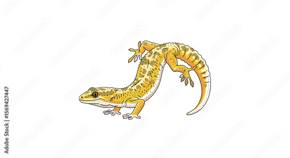 Fototapeta premium A curious leopard gecko ascends a transparent surface with its body contorted