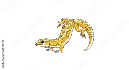 A curious leopard gecko ascends a transparent surface with its body contorted