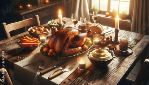 Rustic Holiday Feast with Roasted Turkey and Candlelight 8K Resolution