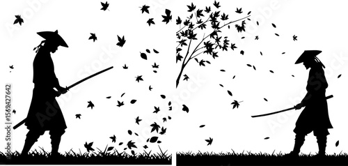 Samurai Warrior Silhouette - Katana Sword and Falling Leaves