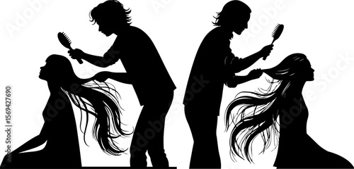 Hair Stylists Brushing Long Hair Silhouette - Beauty Salon Service