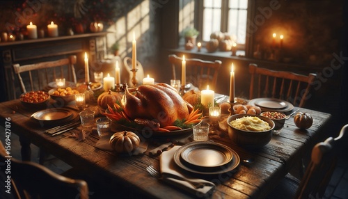 Rustic Holiday Feast with Roasted Turkey and Candlelight 8K Resolution
