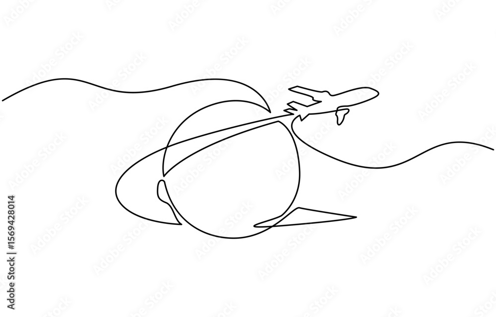Obraz premium World map with flying airplane one line art. Continuous Earth globe line drawing. Vector illustration, Flight route path on world map in simple linear style.