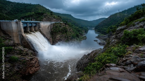 Dramatic water release event at mountain dam natural landscape scenic view water management concept
