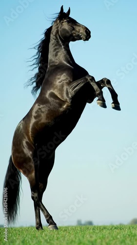 A majestic dark friesian horse rears powerfully in slow-motion, its muscular body and flowing black mane highlighted against a sun-drenched emerald field and clear sky, showcasing grace and power.