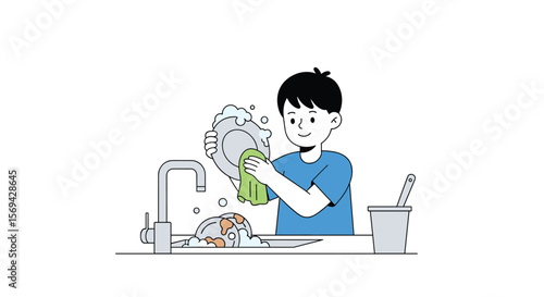 Young boy happily washing dishes in a kitchen sink using a sponge and soap