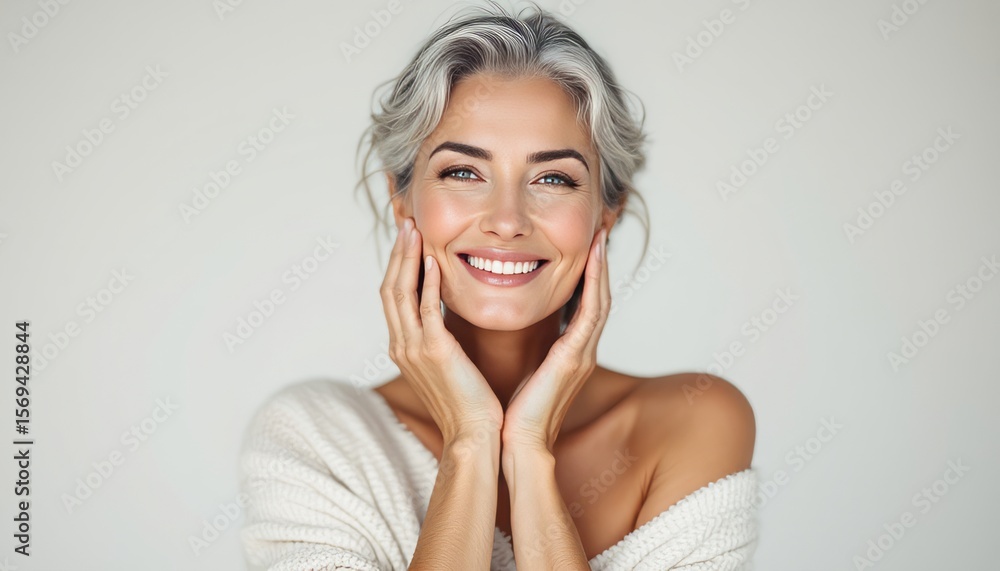 Fototapeta premium Elderly woman smiling while touching her face with hands 