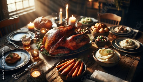 Rustic Holiday Feast with Roasted Turkey and Candlelight 8K Resolution
