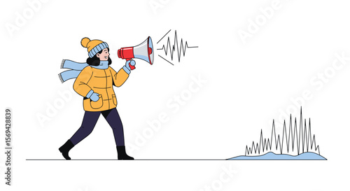Winter announcement person with megaphone spreading news and information outdoors