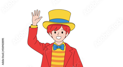 Happy man in a tall hat waves hello cheerful greeting animation doodle style