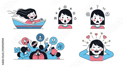 Diverse collection of emotions and reactions illustrated in simple flat style
