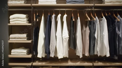 Neatly organized closet with various neutral-toned shirts, blouses, and tops hanging on wooden hangers on a shelf. Folded clothes are visible on the shelves above
