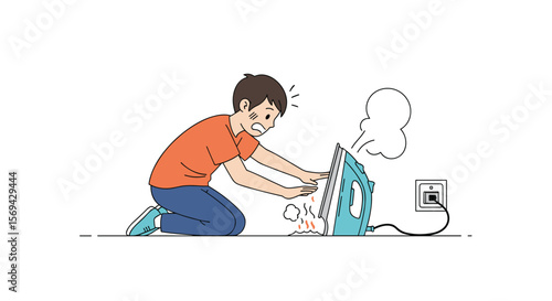 Child playing dangerously with hot iron causes burn accident at home safety education