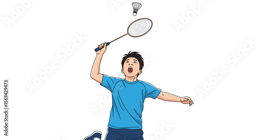 Young boy playing badminton with enthusiasm and athleticism during a game
