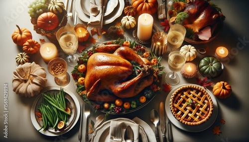 Elegant Thanksgiving Dinner Table with Roasted Turkey and Festive Decor 8K Resolution