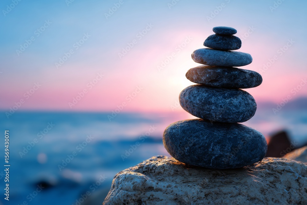 Fototapeta premium stack of stones on the beach at sunset. a stack of rocks sitting on top of a rock. a black and white photo of some rocks