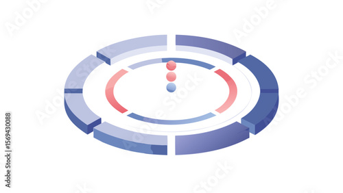 Isometric view of a segmented circular diagram with three spheres in the center on white background