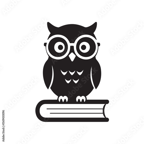 Wise owl wearing glasses perched on a book silhouette