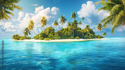 Paradise Island: A vibrant scene, pristine sandy beach, crystal-clear turquoise waters, and lush greenery on a tropical island, inviting a sense of peace and tranquility.