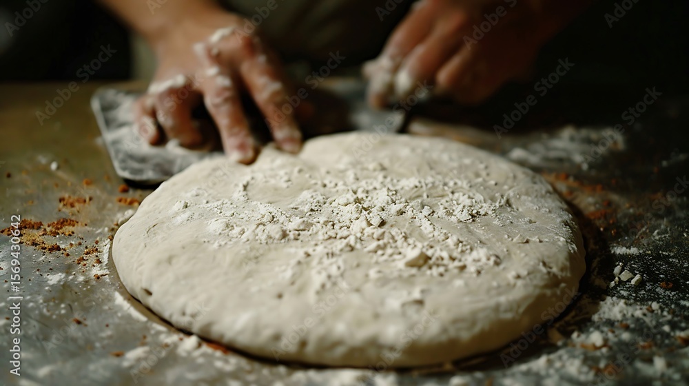 Fototapeta premium Baker shaping fresh dough with flour, baking