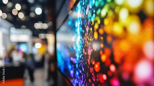 Vibrant display screen in a busy exhibition hall