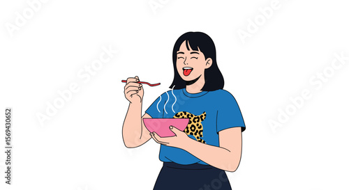 Young woman enjoys delicious hot meal with chopsticks steaming bowl of food