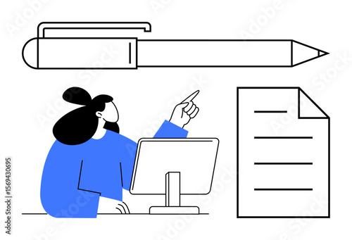 Woman pointing at a computer screen with oversized pen and document, symbolizing creativity, focus, and work. Ideal for education, brainstorming, writing, organization, planning creativity