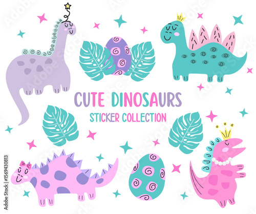 Sticker illustration of cute dinrosaurs on white background.