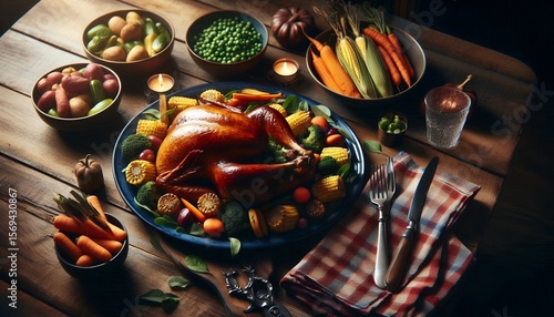 Traditional Thanksgiving Feast with Roasted Turkey and Autumn Harvest Sides 8K Resolution