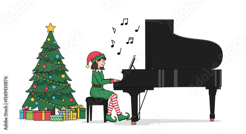 Christmas elf plays festive holiday tunes on grand piano next to decorated tree and presents