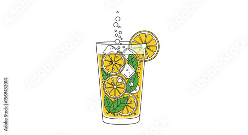 Refreshing citrus mint drink with ice cubes and orange slice garnished in tall glass