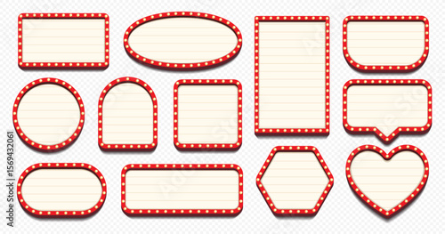 Retro lightbox vector template set different shape with lightbulb isolated on transparent background for party poster, banner advertising, promotion and sale billboard, cinema, bar show or restaurant
